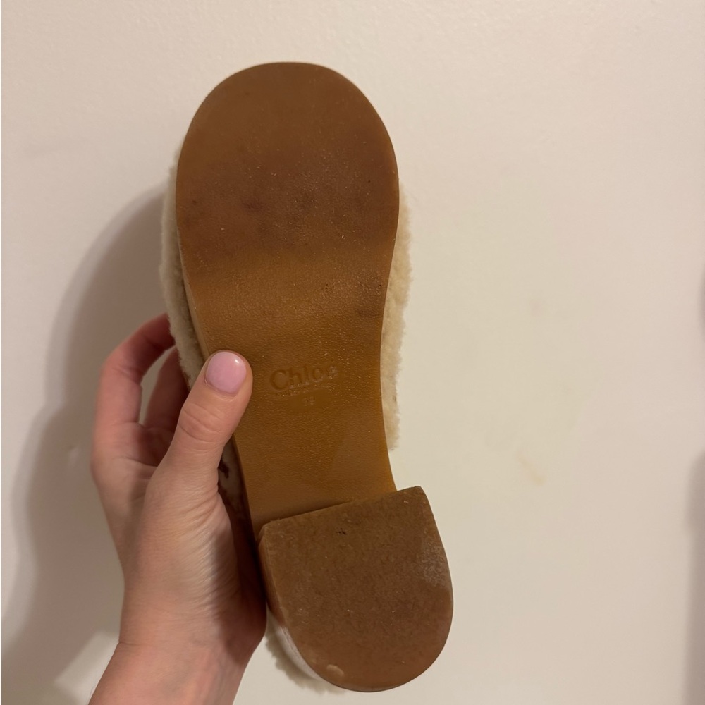 🤎SOLD🤎Chloe Joy Suede & Shearling Caramel Cognac Block Heel Clogs Size 39 EU - Picture 6 of 11